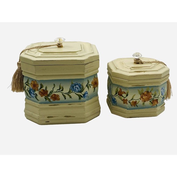 Vintage Hexagon Nesting Wood Jewelry Urn Boxes Floral Shabby Chic Crystal Handle - Picture 9 of 12